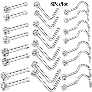 8Pcs 20G/18G 925 Sterling Silver Nose Stud Set Cubic Zircon Nose Piercing L Shaped/Nose Bone/Nose Screws Rings Nostril Piercing Jewelry