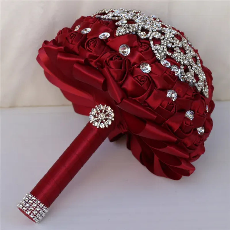 21CM Creative Handmade Diamond Flower Brooch Bouquet Ribbon Silk Rose Wedding Flower Bridal Bouquet Bridesmaid Holding Flowers