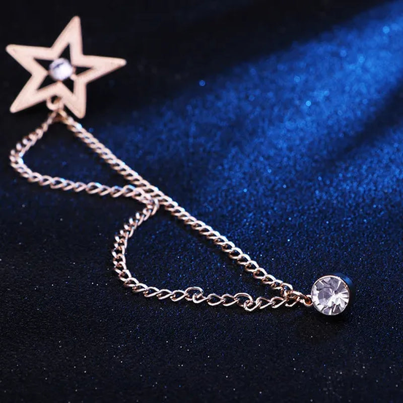 New Crystal Pentagram Brooch Pin Fashion Tassel Chains Suit Shirt Badge Collar Lapel Pin for Men and Women Jewelry Gifts