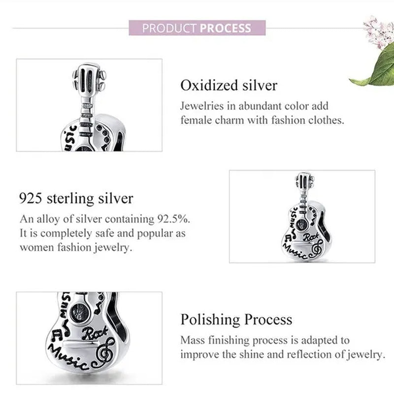 Fashion 925 Sterling Silver Simple Guitar Charm Fit Original Bracelet Diy