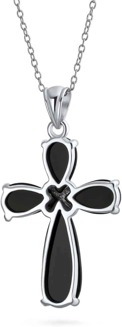 Timeless Fashion Cabochon Genuine Gemstones Black Onyx Multi Color Green Jade Cross Pendant Necklace for Women Teen .925 Sterling Silver with Chain