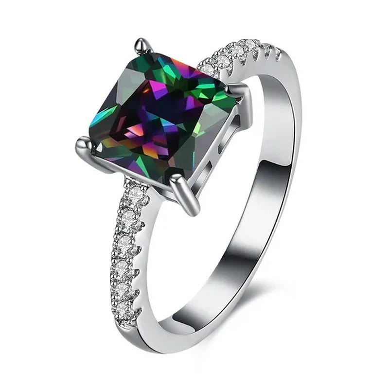 Women 18K White Gold Plated Square Rainbow Sapphire Crystal Wedding Ring Bridal Jewelry