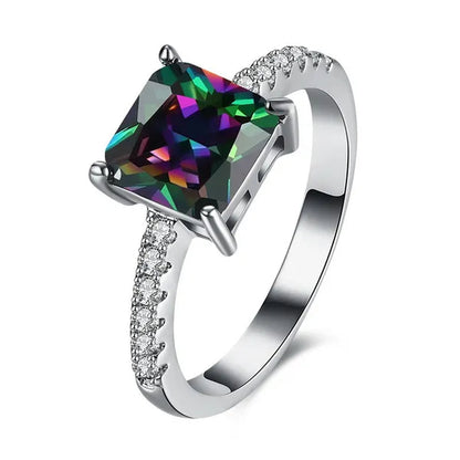 Women 18K White Gold Plated Square Rainbow Sapphire Crystal Wedding Ring Bridal Jewelry