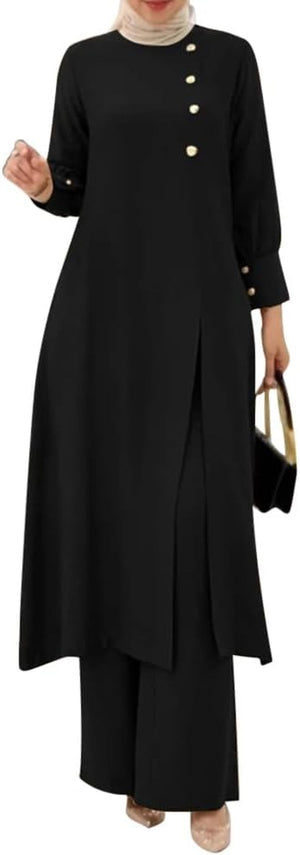 Abaya Dress for Women Muslim Set Long Sleeve Ramadan Islamic Dress Shirt with Pants 2PCS Dubai Prayer Casual Clothes