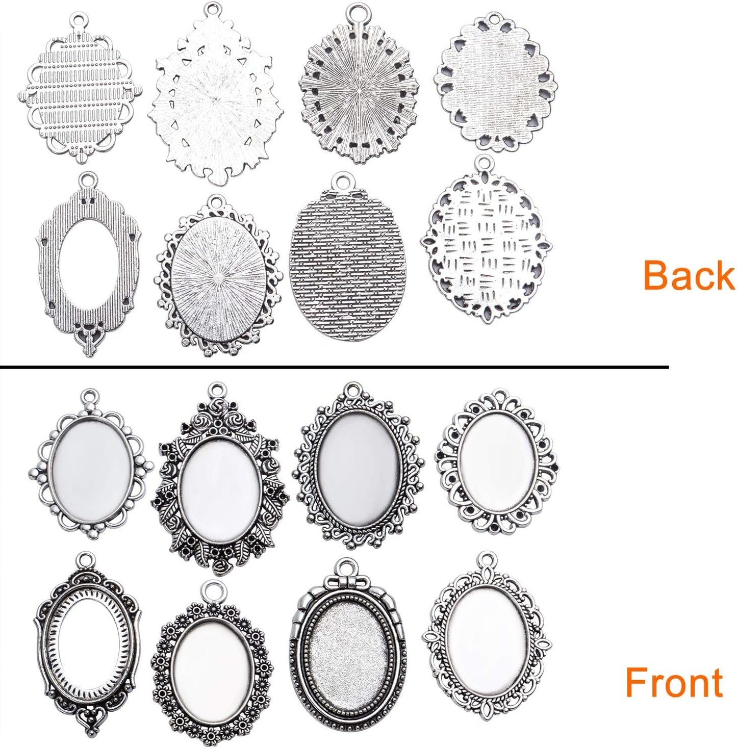 16 Pieces Bezel Pendant Trays, 18X25Mm Oval Pendant Trays Bezels Cabochon Settings Trays Pendant Blanks for Crafting DIY Jewelry Making - 8 Styles, Antique Silver