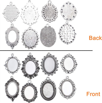 16 Pieces Bezel Pendant Trays, 18X25Mm Oval Pendant Trays Bezels Cabochon Settings Trays Pendant Blanks for Crafting DIY Jewelry Making - 8 Styles, Antique Silver