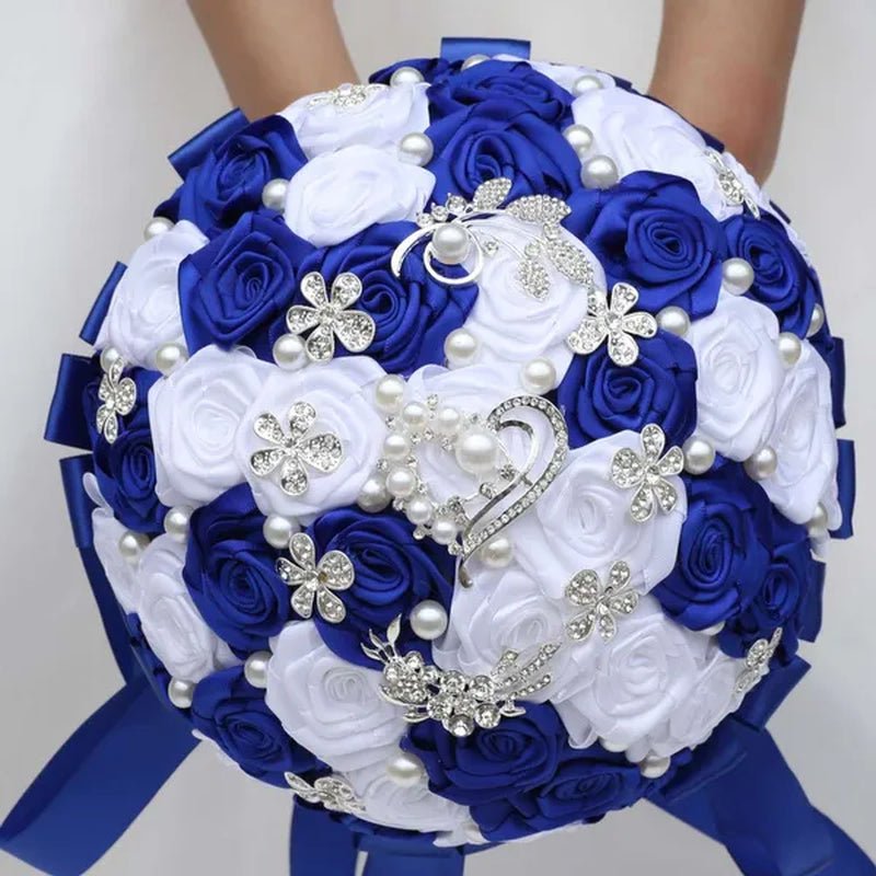 24cm 10 Styles Can Choose Royal Blue Silver Brooch Wedding Bouquets Silk Rhinestone Artificial Rose Flowers Bridesmaid Mariage Bouquets Wedding Accessories W125 - WORLD TIME VISITS