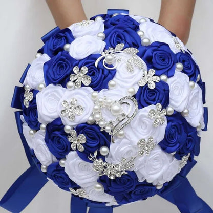 24cm 10 Styles Can Choose Royal Blue Silver Brooch Wedding Bouquets Silk Rhinestone Artificial Rose Flowers Bridesmaid Mariage Bouquets Wedding Accessories W125 - WORLD TIME VISITS