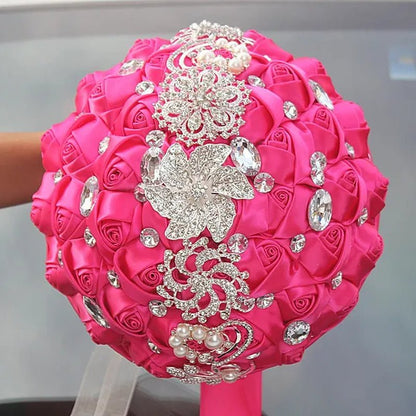 24CM Customized Silk Rose Wedding Bouquet Sapphire blue Artificial Flowers Wedding Bridal Bouquet Luxury Crystal Pearl Brooch Bridesmaid Bride Holding Flowers