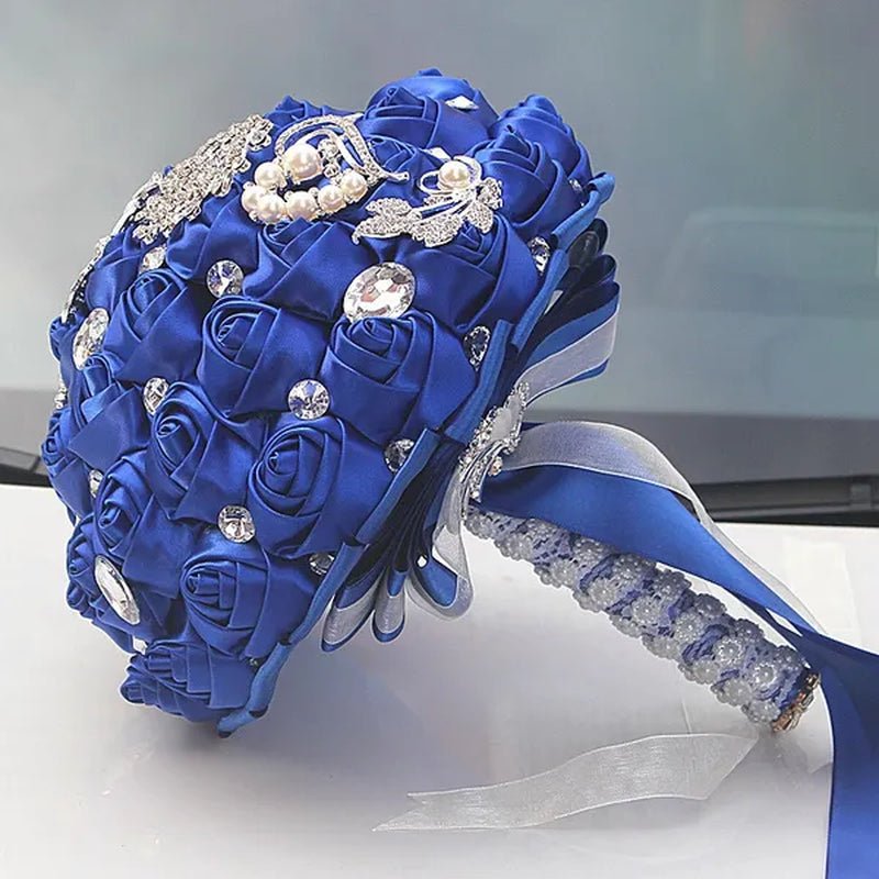 24CM Customized Silk Rose Wedding Bouquet Sapphire blue Artificial Flowers Wedding Bridal Bouquet Luxury Crystal Pearl Brooch Bridesmaid Bride Holding Flowers - WORLD TIME VISITS