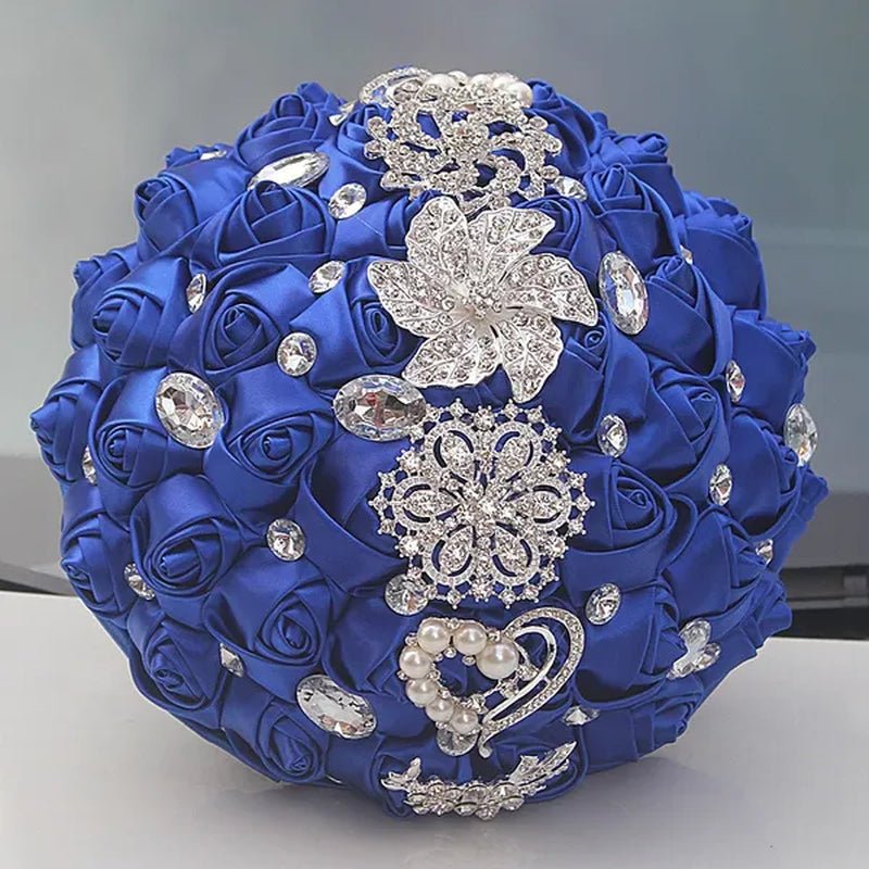 24CM Customized Silk Rose Wedding Bouquet Sapphire blue Artificial Flowers Wedding Bridal Bouquet Luxury Crystal Pearl Brooch Bridesmaid Bride Holding Flowers - WORLD TIME VISITS