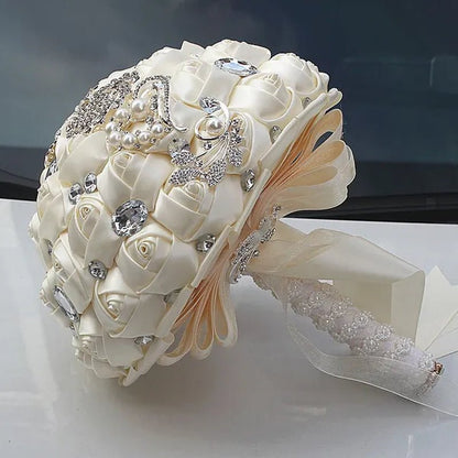 24CM Customized Silk Rose Wedding Bouquet Sapphire blue Artificial Flowers Wedding Bridal Bouquet Luxury Crystal Pearl Brooch Bridesmaid Bride Holding Flowers