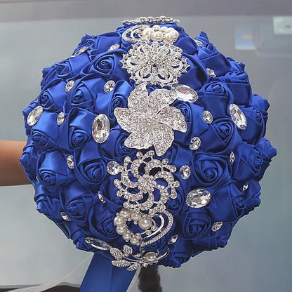 24CM Customized Silk Rose Wedding Bouquet Sapphire blue Artificial Flowers Wedding Bridal Bouquet Luxury Crystal Pearl Brooch Bridesmaid Bride Holding Flowers - WORLD TIME VISITS