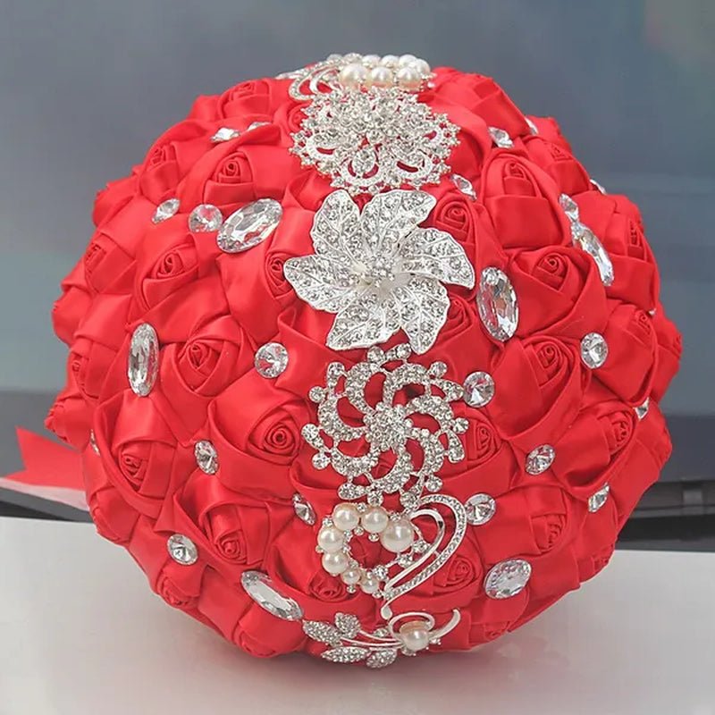 24CM Customized Silk Rose Wedding Bouquet Sapphire blue Artificial Flowers Wedding Bridal Bouquet Luxury Crystal Pearl Brooch Bridesmaid Bride Holding Flowers - WORLD TIME VISITS