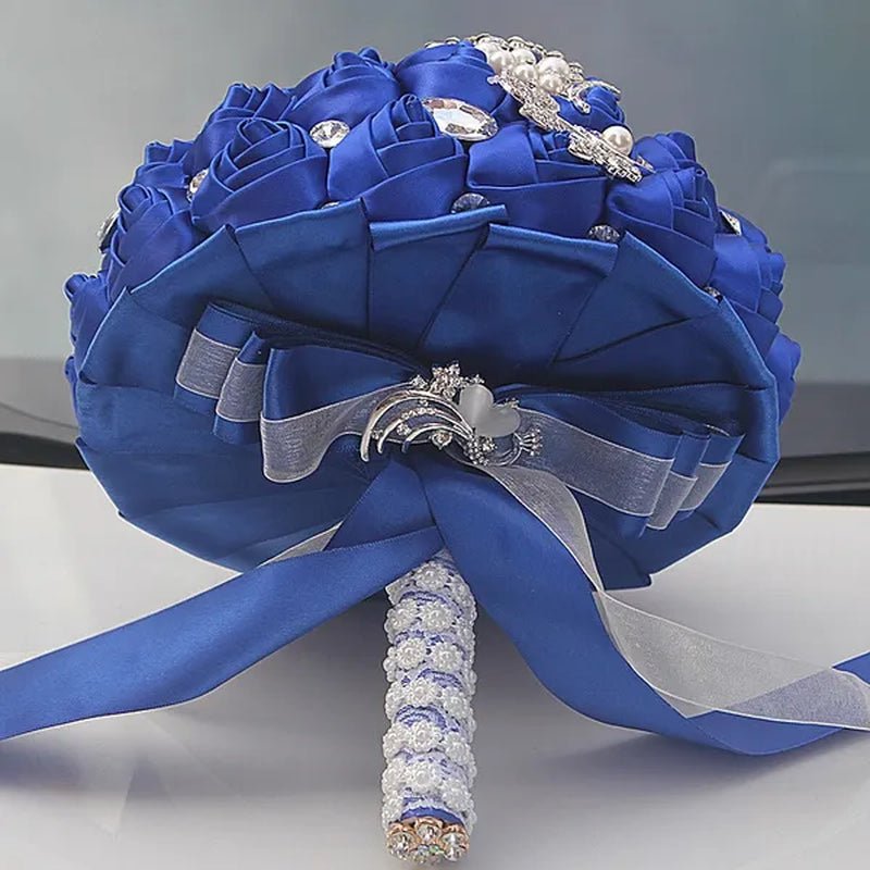 24CM Customized Silk Rose Wedding Bouquet Sapphire blue Artificial Flowers Wedding Bridal Bouquet Luxury Crystal Pearl Brooch Bridesmaid Bride Holding Flowers - WORLD TIME VISITS