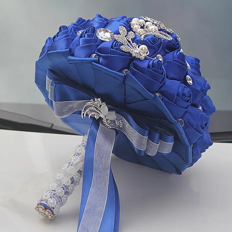 24CM Customized Silk Rose Wedding Bouquet Sapphire blue Artificial Flowers Wedding Bridal Bouquet Luxury Crystal Pearl Brooch Bridesmaid Bride Holding Flowers - WORLD TIME VISITS