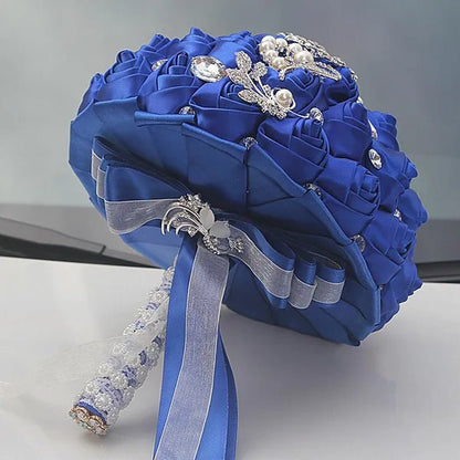 24CM Customized Silk Rose Wedding Bouquet Sapphire blue Artificial Flowers Wedding Bridal Bouquet Luxury Crystal Pearl Brooch Bridesmaid Bride Holding Flowers - WORLD TIME VISITS