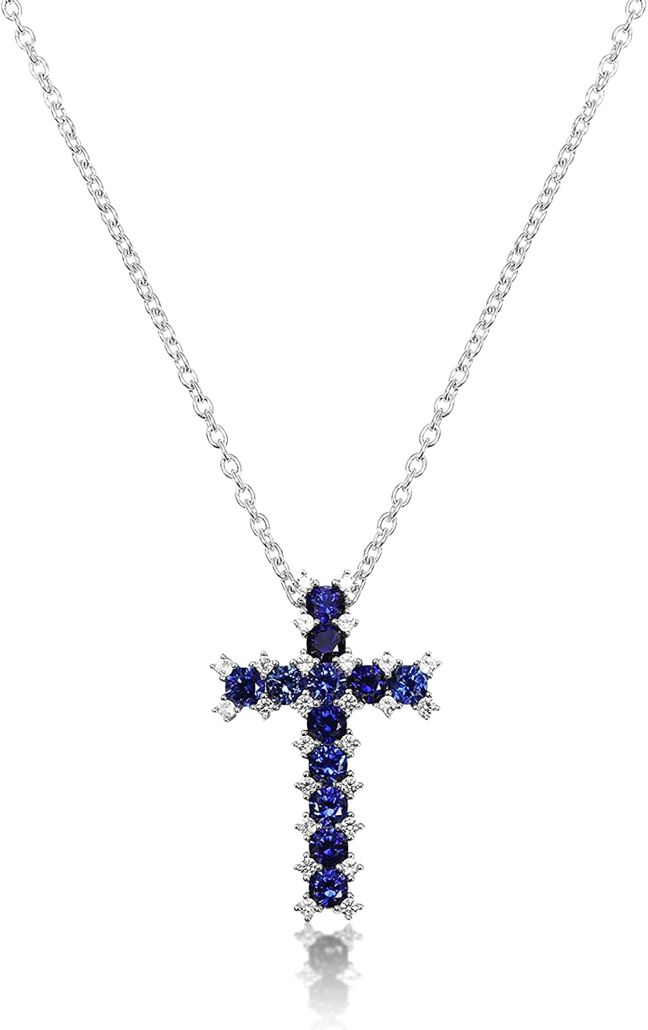 925 Sterling Silver Created Sapphire Cross Pendant Necklace