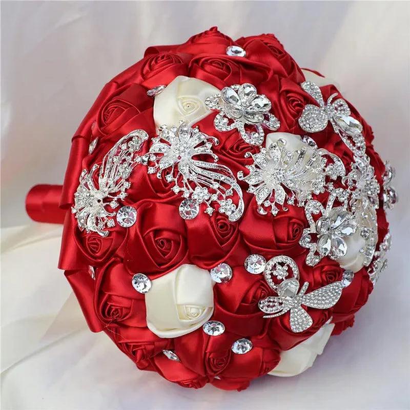 21CM Silver Rhinestone Bridal Hand Flowers Ribbon Wedding Hand Bouquet Mixed Color Silk Rose Diamond Brooch Bridesmaid Bouquet Wedding Supplies