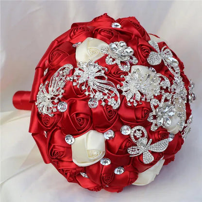 21CM Silver Rhinestone Bridal Hand Flowers Ribbon Wedding Hand Bouquet Mixed Color Silk Rose Diamond Brooch Bridesmaid Bouquet Wedding Supplies