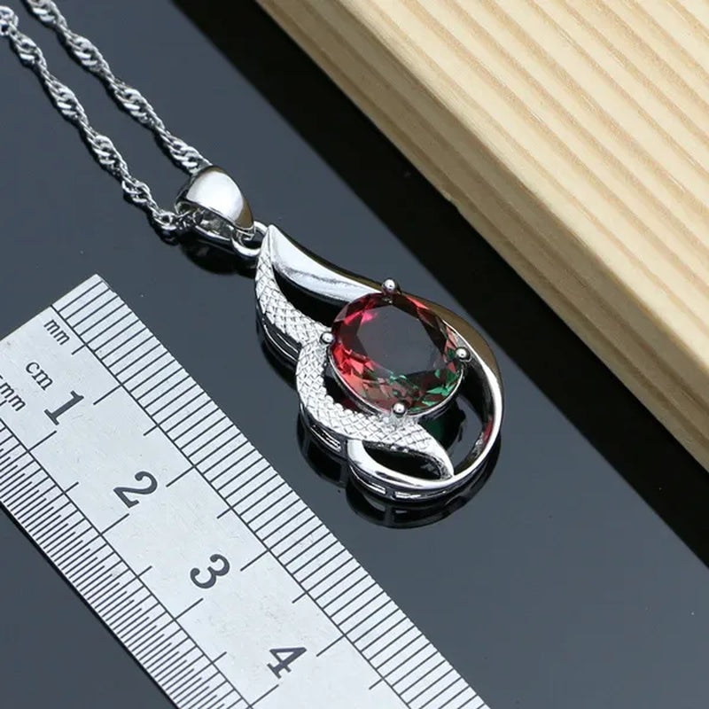 925 Silver Jewelry Sets for Women Rainbow Tourmaline Wedding Necklace Earrings Open Ring