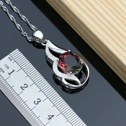 925 Silver Jewelry Sets for Women Rainbow Tourmaline Wedding Necklace Earrings Open Ring