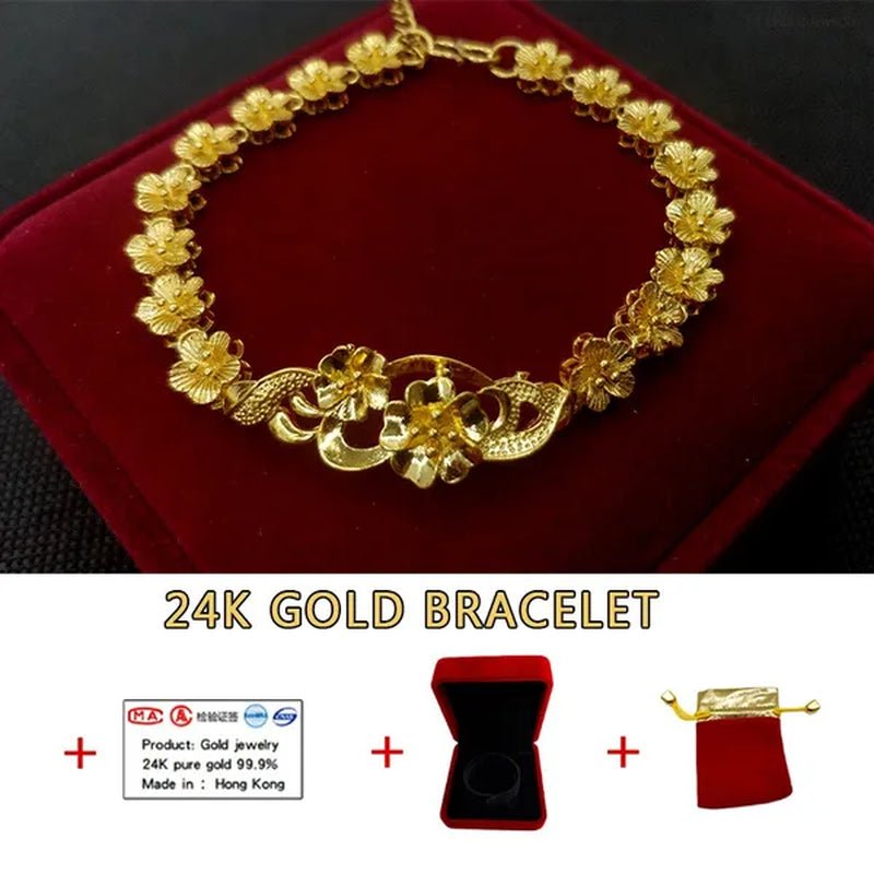 24K Pure Gold Women Bracelet Set Exquisite Flower Design Bracelet Gift Set - WORLD TIME VISITS