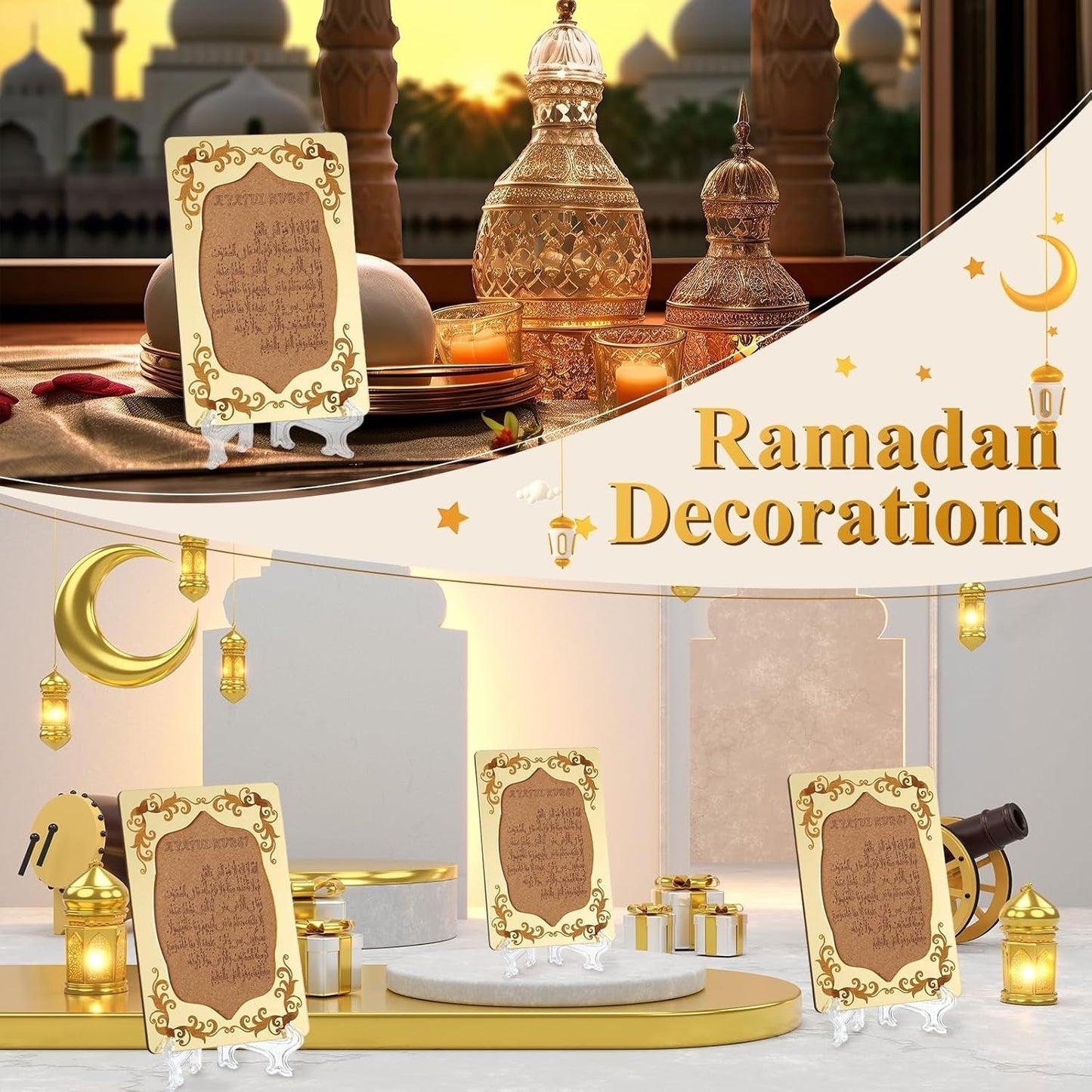 12 Pcs Eid Gifts for Women Ayatul Kursi Islamic Party Favors Gifts Ramadan Muslim Wedding Table Art Room Party Decoration with Clear Stand and Gift Boxes(Wood)