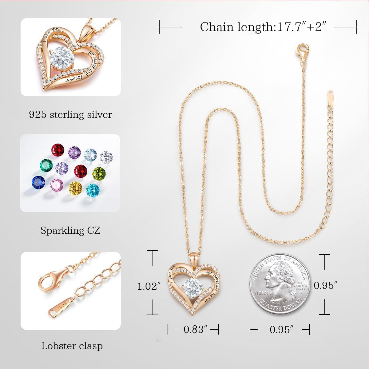 Forever Love Heart Necklaces for Women, Wedding Anniversary, Birthday Gift for Wife, S925 Silver Jewelry with Birthstone Pendant