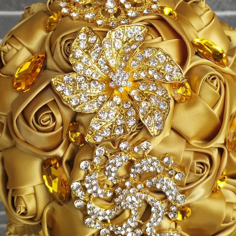 Private Custom 18CM Wedding Bouquet Luxury Gold Crystal Brooch Bride Bouquet Pure Handmade Silk Rose Ribbon Wedding Bride Holding Flowers Multi-color Optional - WORLD TIME VISITS