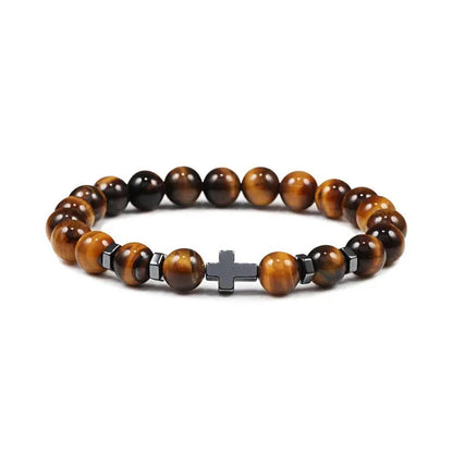 Hot Men Natural Tiger Eye Beads Hematite Cross Bracelets Onyx Meditation Prayer Bead Bracelet Women Stone Yoga Jewelry Homme