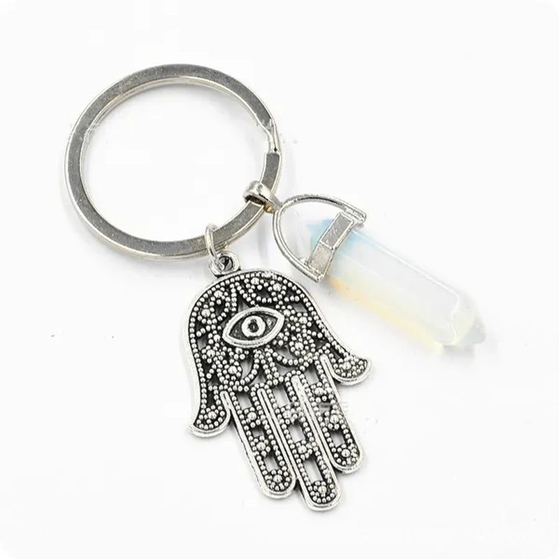 1Pcs Natural Quartz Crystal Point Chakra Healing Stone Gem Stone Pendant Keyring Key Chain Ring Family Gifts