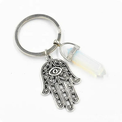 1Pcs Natural Quartz Crystal Point Chakra Healing Stone Gem Stone Pendant Keyring Key Chain Ring Family Gifts
