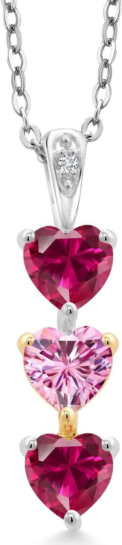 Keren Hanan Lab Grown Diamond 3 Stone Heart Shape Pendant Necklace with Chain 925 Silver and 10K Yellow Gold Created Ruby Pink Moissanite (1.71 Cttw)
