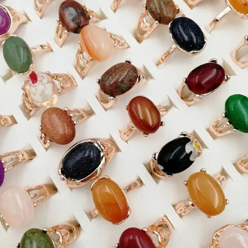 Mixed Wholesale 20Pcs/Gold-plated Natural Gem Ring Printing Rose-gold Women's Jewelry