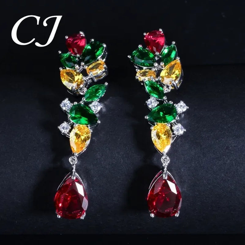 CANDICE Noble Red Crystal Water Drop Pendant Necklace and Dangle Earrings Pave Multi Shape Colorful CZ Stone Women Wedding Party Dress Jewelry Set