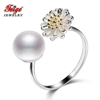 Flower Real 925 Sterling Silver with 8-9MM White Freshwater Pearl Rings for Women Fashion Jewelry Gifts
