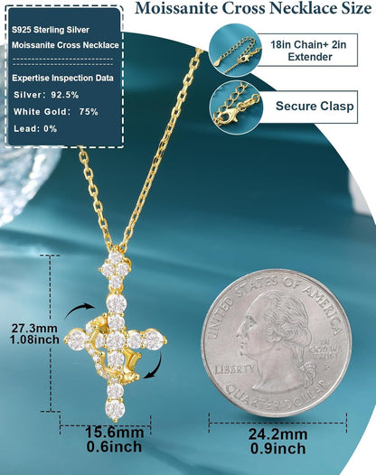 Upgraded Moissanite Crown Cross Necklace 14K Gold Vermeil 1.1 Carats Dainty Iced Out Christian Faith Cross Jewelry S925 Sterling Silver Simple Gold Moissanite Cross Pendant Necklace for Women