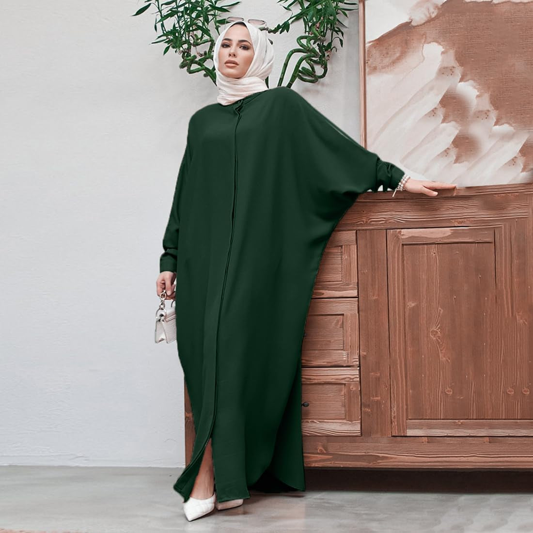 Muslim Dresses for Women Abaya Button down Henley Shirt Prayer Dress Batwing Long Sleeve Middle East Arabian Robe