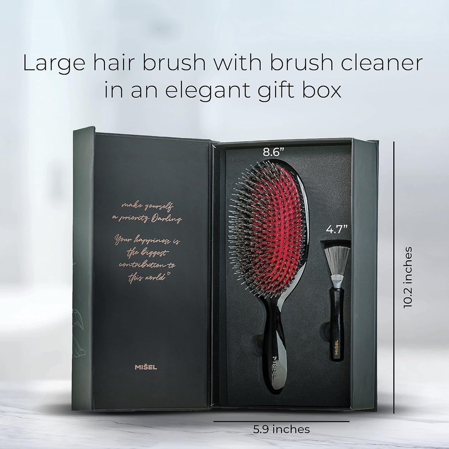 MISEL Boar Bristle Hair Brush and Brush Cleaner Bundle for Women and Men | Detangles Thin or Thick Natural Hair and Hair Extensions | Reduces Breakage | Great for Wavy and Straight Hair | Large
