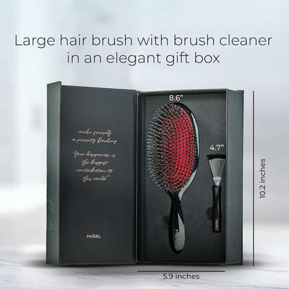 MISEL Boar Bristle Hair Brush and Brush Cleaner Bundle for Women and Men | Detangles Thin or Thick Natural Hair and Hair Extensions | Reduces Breakage | Great for Wavy and Straight Hair | Large