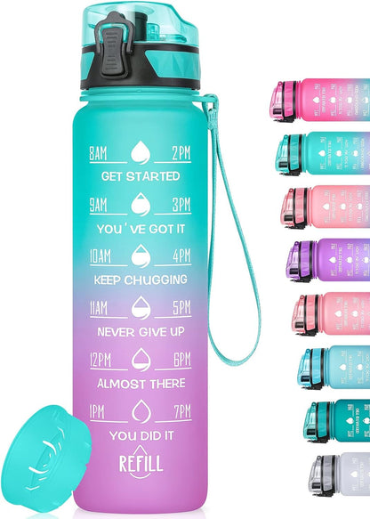 Motivational Water Bottle with Time Marker, 32 Oz (950 Ml), Bpa-Free Plastic, Easy Drink Straw, Fits Cup Holder - WORLD TIME VISITS