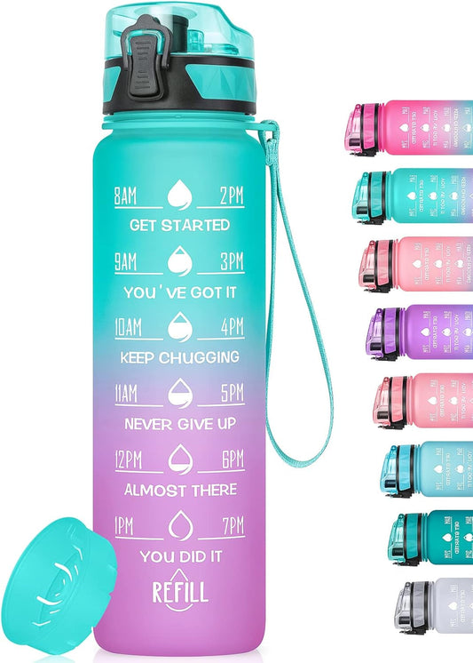 Motivational Water Bottle with Time Marker, 32 Oz (950 Ml), Bpa-Free Plastic, Easy Drink Straw, Fits Cup Holder - WORLD TIME VISITS
