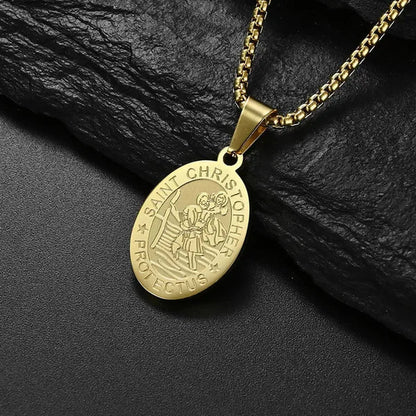 Oval St Christopher Medal Necklace Stainless Steel Saint Christopher Protect Us Pendant Catholic Patron Religious Amulet Jewelry Silver / Black / Silver
