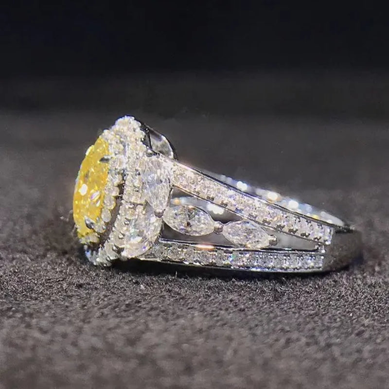 Trendy Silver Plated Lab Diamond White Sapphire Citrine Gemstone Rings for Women Engagement Proposal Gift Bridal Jewelry