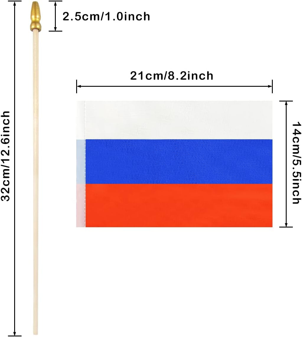 Russia Small Flag Russian Stick Mini Hand Held Flags - Solid Wooden Pole with Spear Top, 12 Pack