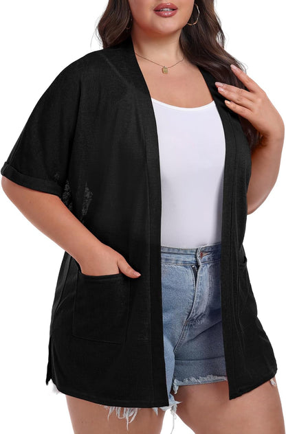 plus Size Lightweight Cardigan for Women Summer Sheer Short Sleeve Cardigan with Pockets Beach Cover Up