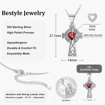 Silver Celtic Cross Necklace with 12 Month Heart Birthstone, Dainty Celtic Birthstone Necklace Silver Chain for Women Faith Irish Amulet Lucky Birthstone Jewelry