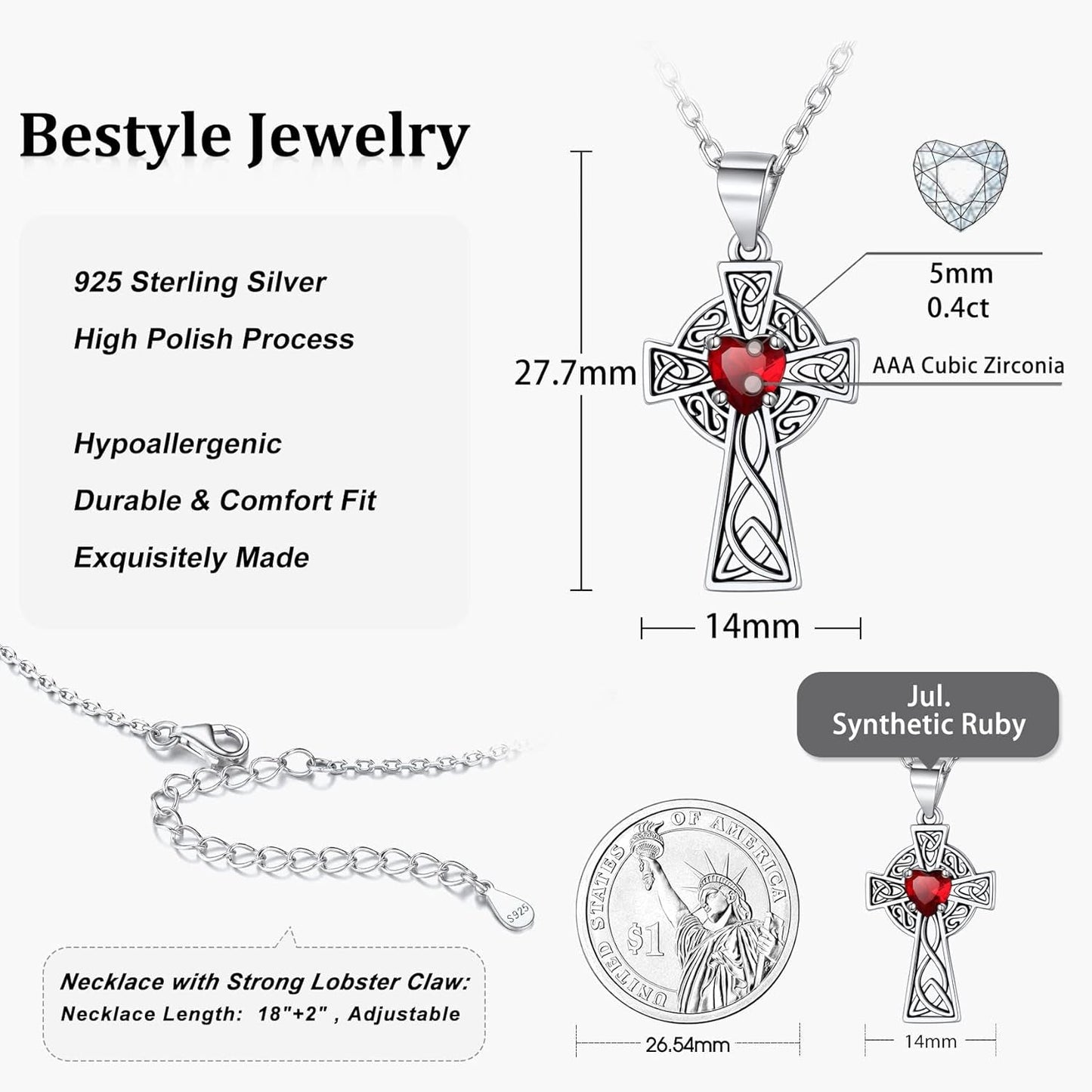 Vintage 925 Sterling Silver Celtic Cross/Triquetra Necklace with 12 Month Heart Gemstone, Dainty Heart Birthstone Necklace Faith Irish Amulet Lucky Jewelry Birthday Gift for Women Girls…