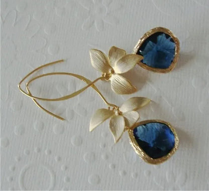 Fashion 18 K Yellow Gold Natural Flower Blue Sapphire Women's Earring Earrings Women's Earrings Engagement Wedding Anniversary Gift